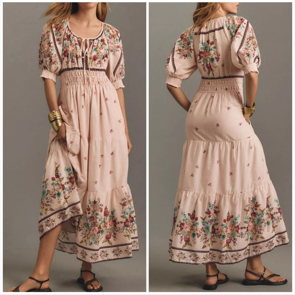 Anthropologie Somerset Maxi Dress Puff Sleeve Floral Boho Neutral Size M EUC